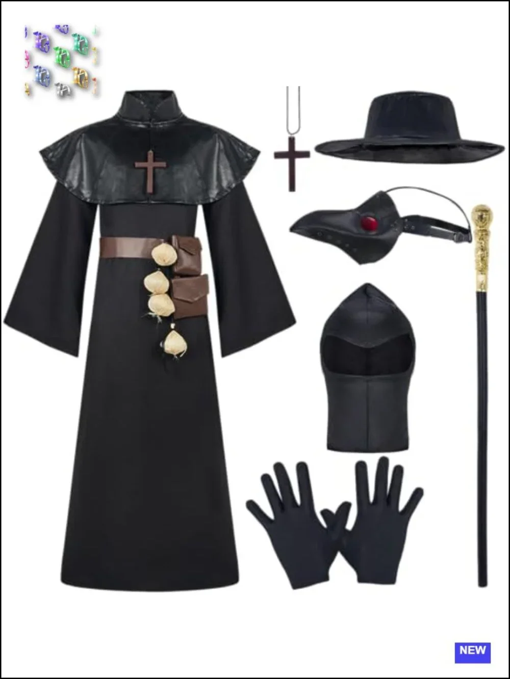 10-in-1 Plague Doctor Costume Set for Kids Halloween Cosplay Polyester Child